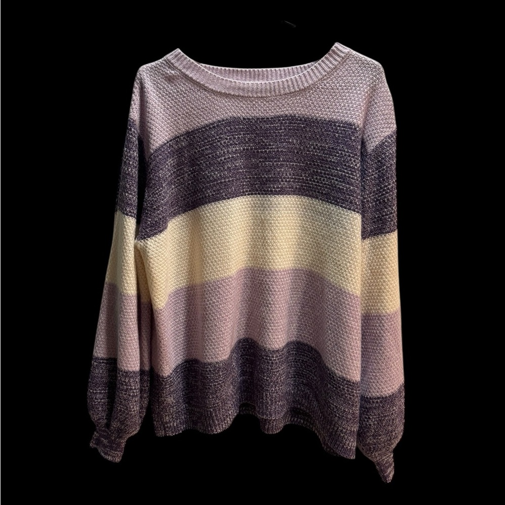 Zenana Outfitters Women's Striped Sweater in Purple, Cream, and Pink